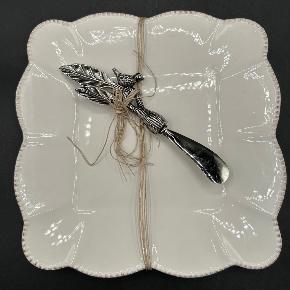 Mud Pie Ceramic Square Scalloped Plate Twig Branch Spreader Set White Silver 9"